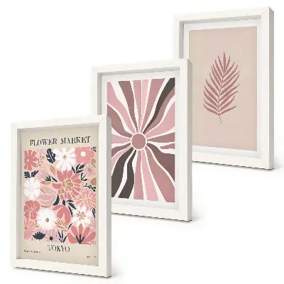 Mur de cadres motifs floraux avec feuilles et formes géométriques