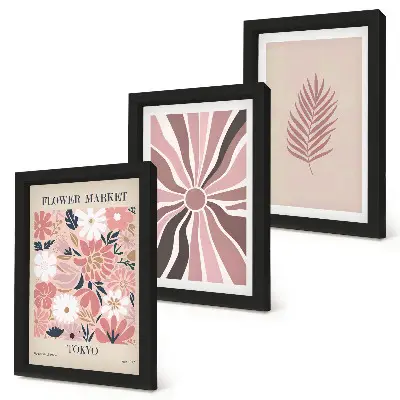 Mur de cadres motifs floraux avec feuilles et formes géométriques