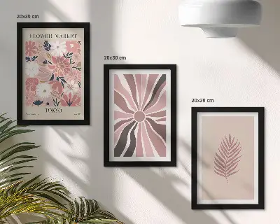 Mur de cadres motifs floraux avec feuilles et formes géométriques