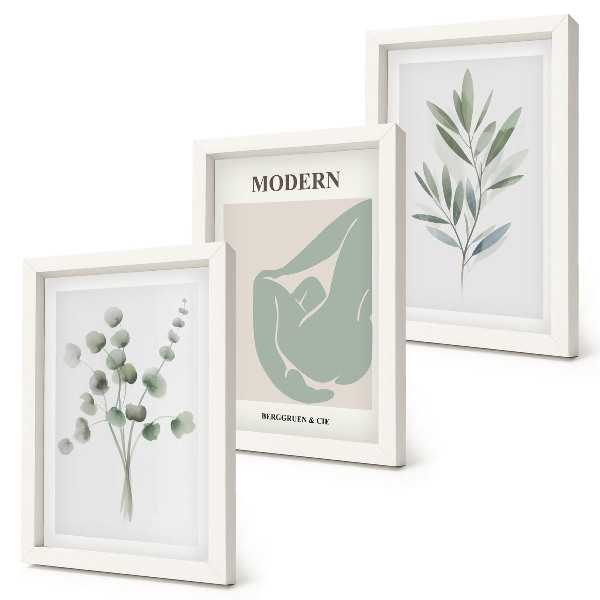 Ensemble de 3 tableaux Motifs végétaux dans des nuances de vert délicates