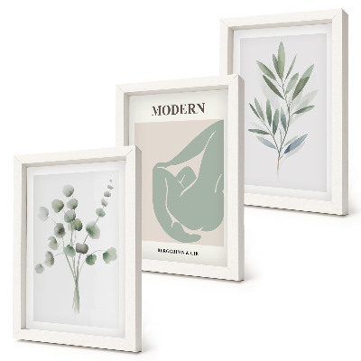 Ensemble de 3 tableaux Motifs végétaux dans des nuances de vert délicates