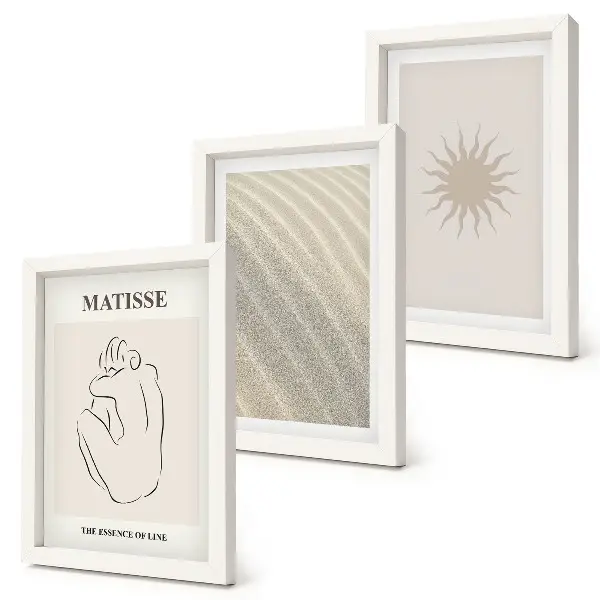 Lot de 3 tableaux représentant des lignes minimalistes avec du sable, des vagues et un soleil