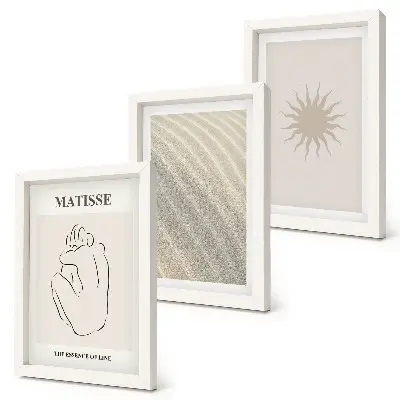 Lot de 3 tableaux représentant des lignes minimalistes avec du sable, des vagues et un soleil