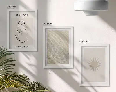 Lot de 3 tableaux représentant des lignes minimalistes avec du sable, des vagues et un soleil