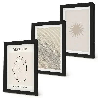 Lot de 3 tableaux représentant des lignes minimalistes avec du sable, des vagues et un soleil