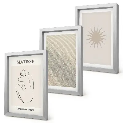Lot de 3 tableaux représentant des lignes minimalistes avec du sable, des vagues et un soleil