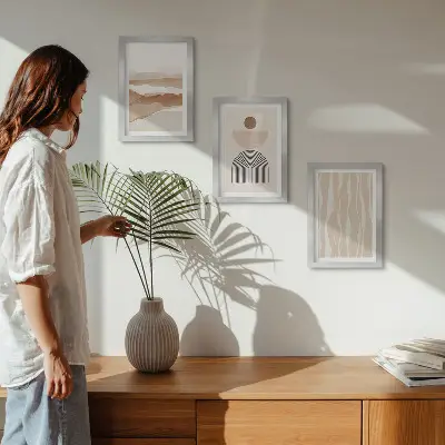 Ensemble de 3 tableaux paysage abstrait avec formes naturelles et géométriques