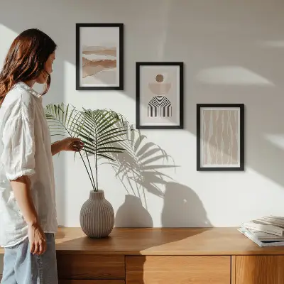 Ensemble de 3 tableaux paysage abstrait avec formes naturelles et géométriques
