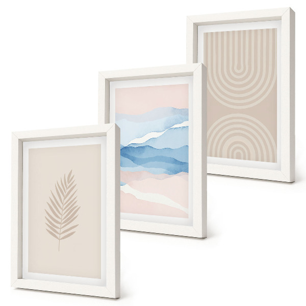 Mur de cadres Feuilles et vagues dans des tons beige et bleu