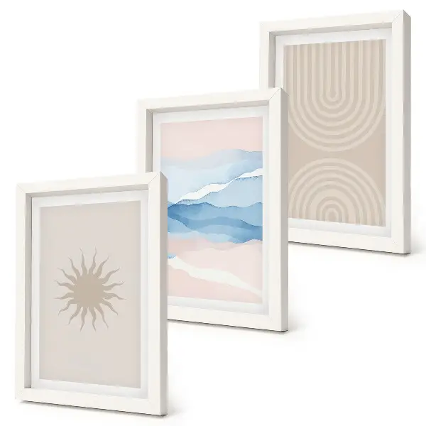 Lot de 3 tableaux représentant soleil, vagues et lignes abstraites aux couleurs pastel