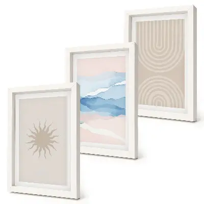 Lot de 3 tableaux représentant soleil, vagues et lignes abstraites aux couleurs pastel