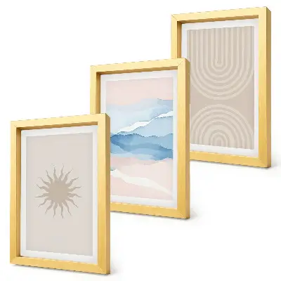 Lot de 3 tableaux représentant soleil, vagues et lignes abstraites aux couleurs pastel