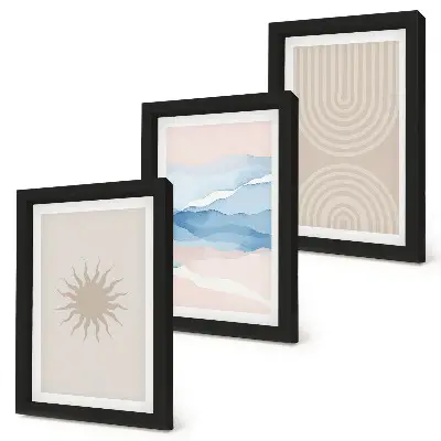 Lot de 3 tableaux représentant soleil, vagues et lignes abstraites aux couleurs pastel