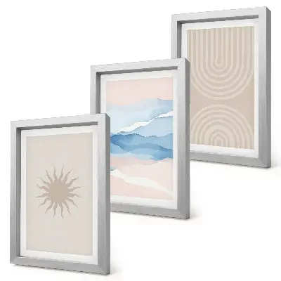 Lot de 3 tableaux représentant soleil, vagues et lignes abstraites aux couleurs pastel