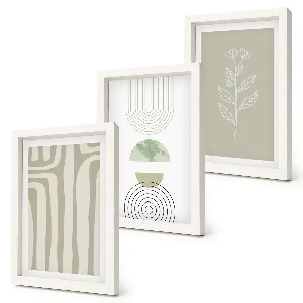 Ensemble de 3 tableaux motifs géométriques aux accents végétaux dans des tons de vert