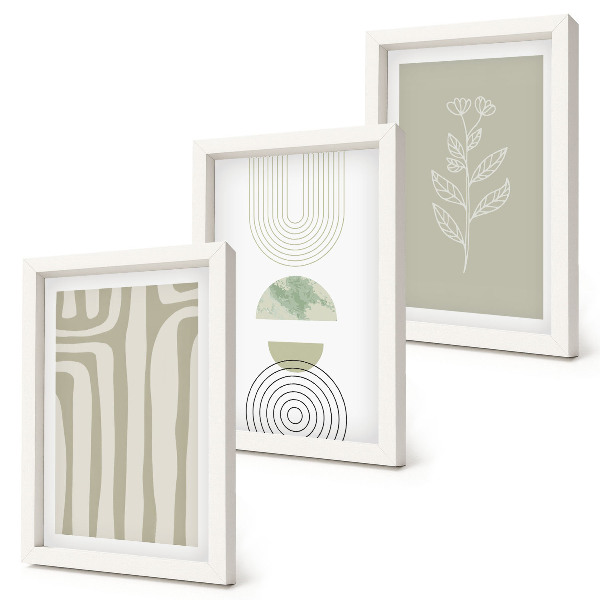Ensemble de 3 tableaux Motifs géométriques avec des accents végétaux dans des tons de vert