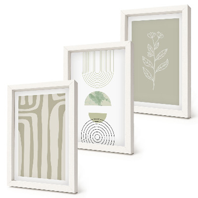 Ensemble de 3 tableaux Motifs géométriques avec des accents végétaux dans des tons de vert