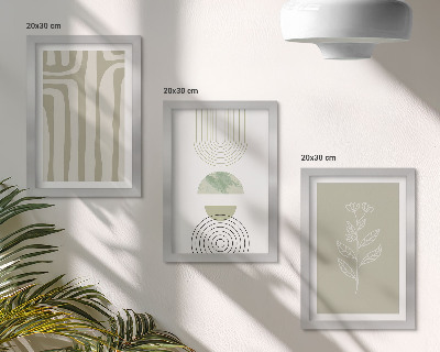 Ensemble de 3 tableaux Motifs géométriques avec des accents végétaux dans des tons de vert