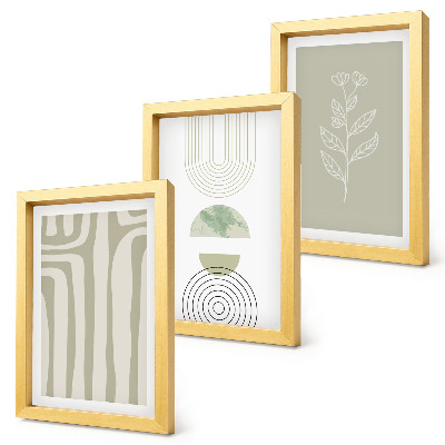 Ensemble de 3 tableaux Motifs géométriques avec des accents végétaux dans des tons de vert