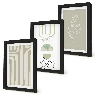 Ensemble de 3 tableaux Motifs géométriques avec des accents végétaux dans des tons de vert