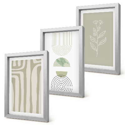 Ensemble de 3 tableaux Motifs géométriques avec des accents végétaux dans des tons de vert