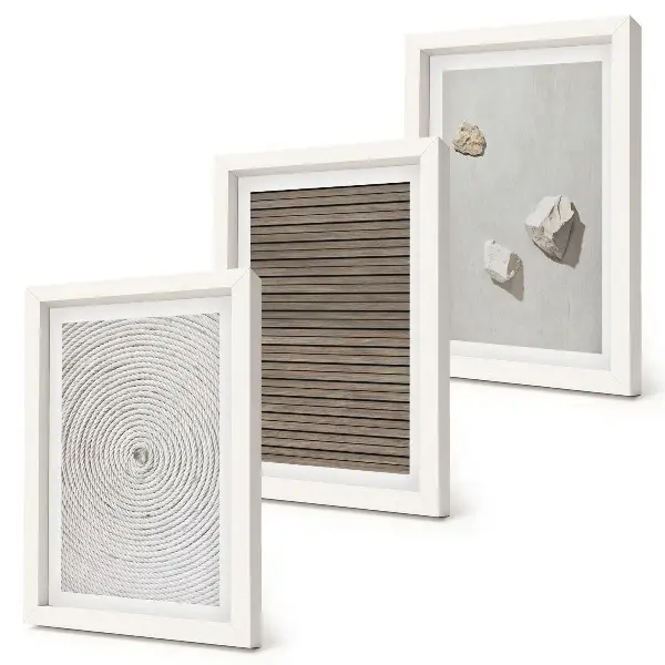 Mur de cadres textures naturelles bois pierres et corde