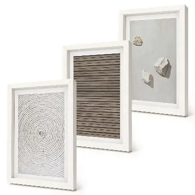 Mur de cadres textures naturelles bois pierres et corde