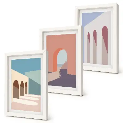 Ensemble de 3 tableaux graphismes minimalistes d'architecture urbaine aux tons pastel