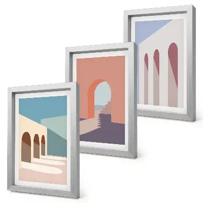 Ensemble de 3 tableaux graphismes minimalistes d'architecture urbaine aux tons pastel