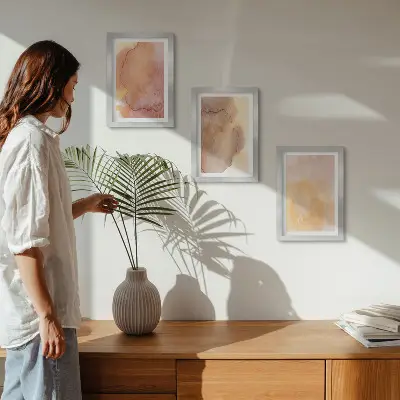Ensemble de 3 tableaux aquarelles aux tons chauds et textures colorées sur toile