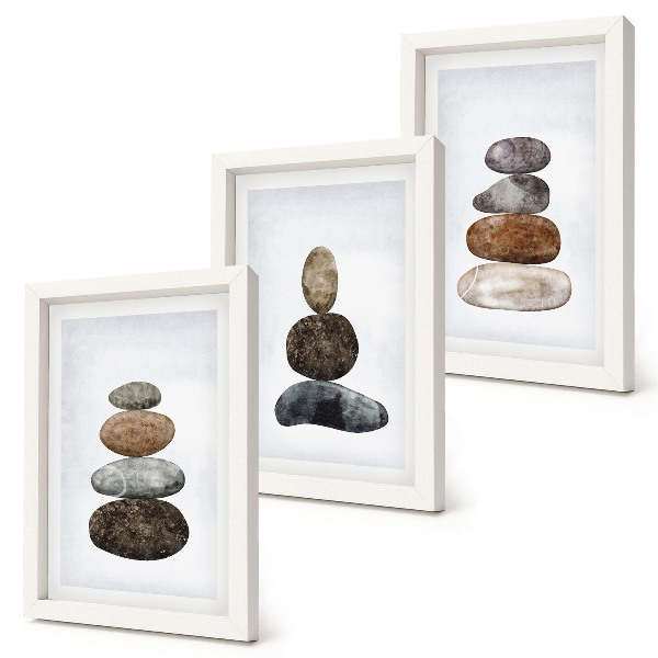 Ensemble de 3 tableaux Empilements de pierres, peinture bohème minimaliste