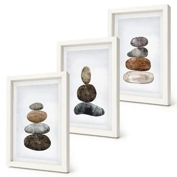 Ensemble de 3 tableaux peinture bohème minimaliste représentant des empilements de pierres