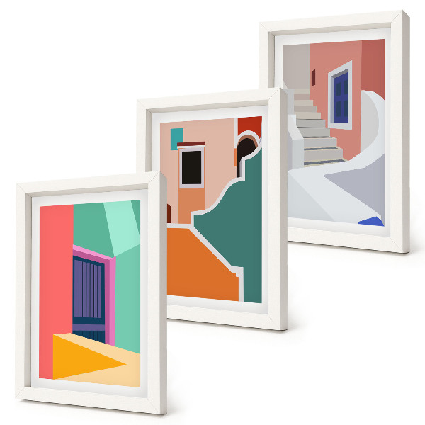 Lot de 3 tableaux Illustrations colorées de bâtiments de style moderne