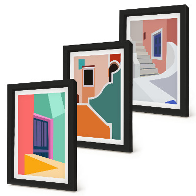 Lot de 3 tableaux Illustrations colorées de bâtiments de style moderne
