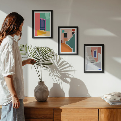 Lot de 3 tableaux Illustrations colorées de bâtiments de style moderne