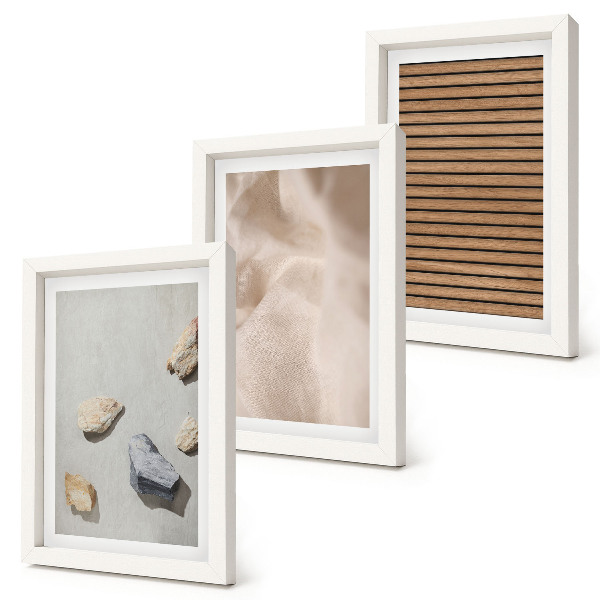 Mur de cadres Pierres, bois, tissu, textures variées