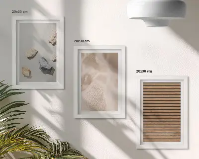 Mur de cadres composition en pierres, bois, tissu et textures variées