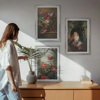 Cadre photo mural avec motifs de fleurs vintage, chats et nature