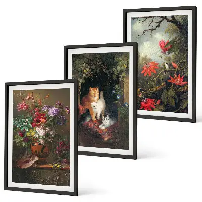 Cadre photo mural avec motifs de fleurs vintage, chats et nature