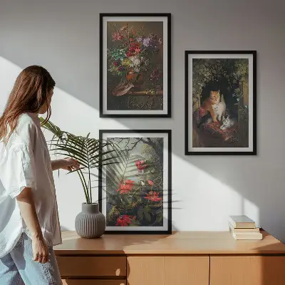 Cadre photo mural avec motifs de fleurs vintage, chats et nature