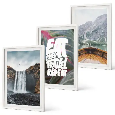Lot de 3 tableaux pour salon représentant une cascade en montagne avec un bateau dans la nature