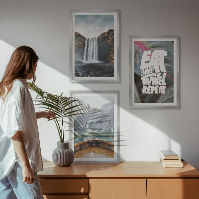 Lot de 3 tableaux pour salon Cascade, montagnes, nature, bateau