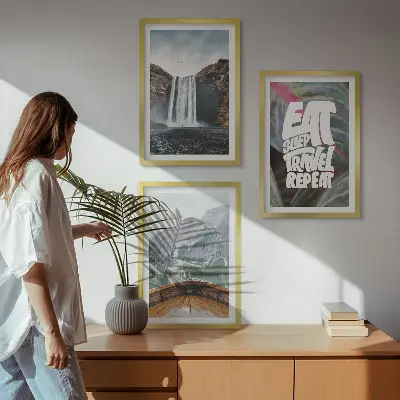 Lot de 3 tableaux pour salon représentant une cascade en montagne avec un bateau dans la nature