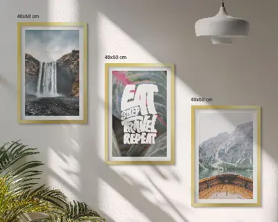 Lot de 3 tableaux pour salon représentant une cascade en montagne avec un bateau dans la nature