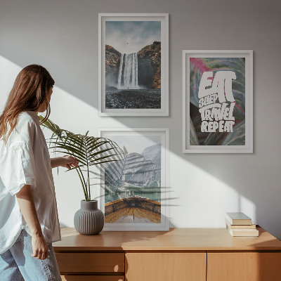 Lot de 3 tableaux pour salon Cascade, montagnes, nature, bateau