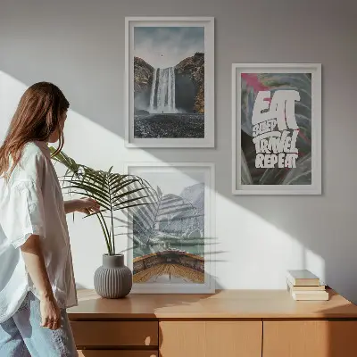 Lot de 3 tableaux pour salon représentant une cascade en montagne avec un bateau dans la nature