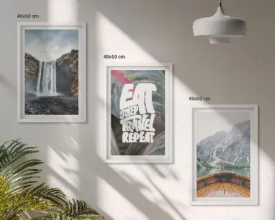 Lot de 3 tableaux pour salon représentant une cascade en montagne avec un bateau dans la nature