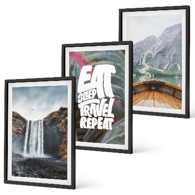 Lot de 3 tableaux pour salon Cascade, montagnes, nature, bateau