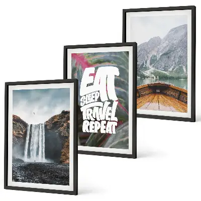 Lot de 3 tableaux pour salon représentant une cascade en montagne avec un bateau dans la nature