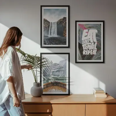 Lot de 3 tableaux pour salon représentant une cascade en montagne avec un bateau dans la nature